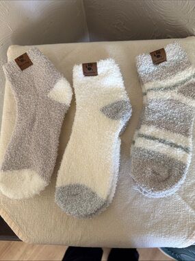 BearPaw Plush Crew Socks Trio - Cream, Gray & Tan Accents